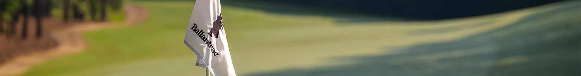 A close-up of a white golf flag featuring a logo, set against a lush green golf course.